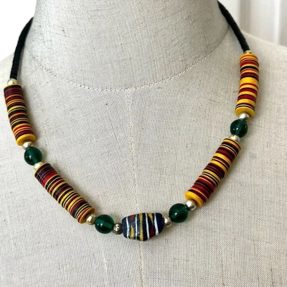 African coconut shell beaded disc necklace